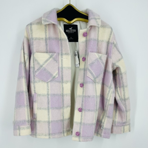✨NWT Hollister ASOS Lavender Cream Plaid Shacket Coat Shaggy Relaxed Streetwear - Picture 5 of 14